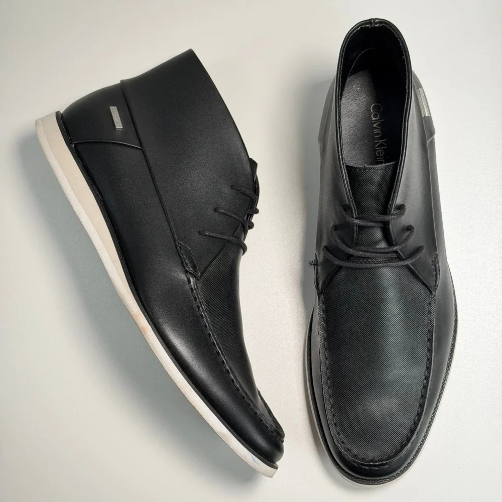 Calvin‎ Klein Kenley Chukka Boots Mens 10 Black Leather Lace Up Preppy Workwear